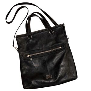 Fossil Dawson Foldover Black Pebbled Leather Tote Crossbody